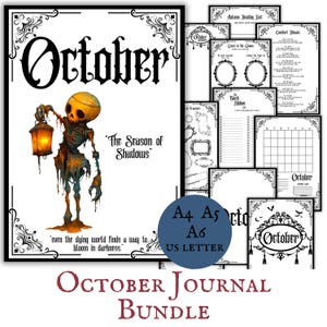 Peut inclure: Ensemble de journaux d'octobre sur le thème de l'horreur. L'image principale présente un squelette tenant une lanterne, avec le mot "October" en grandes lettres. Comprend les formats A4, A5, A6 et US Letter.