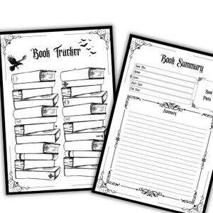 Puede incluir: Dos p&aacute;ginas en blanco y negro para el seguimiento y resumen de libros. La p&aacute;gina de seguimiento de libros presenta pilas de libros con el texto "Book Tracker" y elementos decorativos. La p&aacute;gina de resumen de libros tiene l&iacute;neas para notas y el texto "Book Summary".
