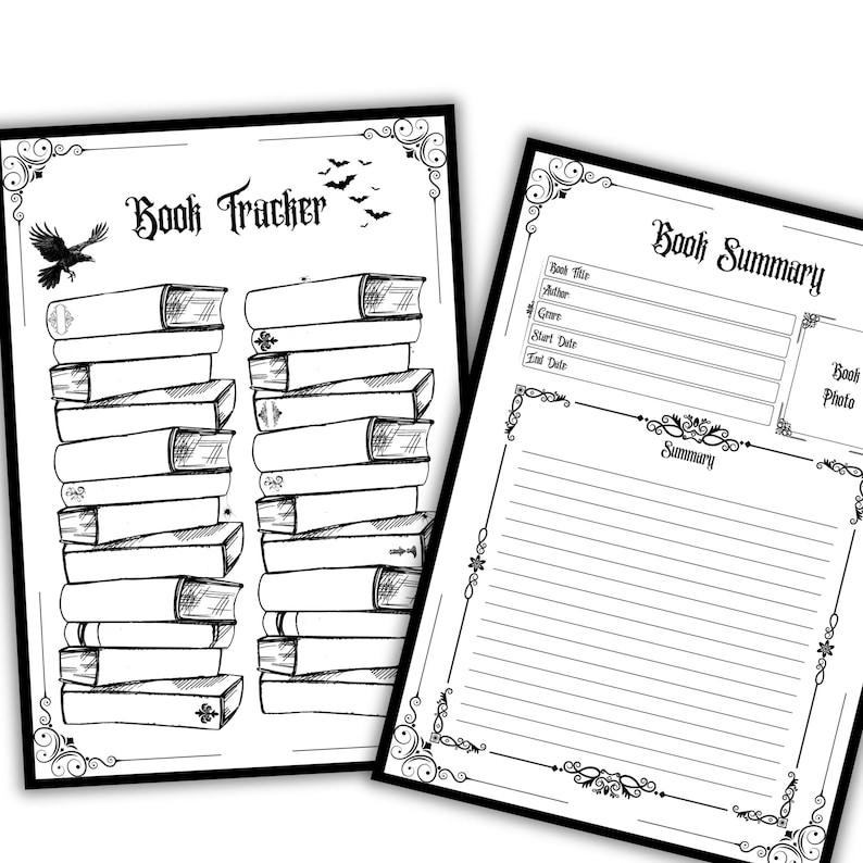 Puede incluir: Dos p&aacute;ginas en blanco y negro para el seguimiento y resumen de libros. La p&aacute;gina de seguimiento de libros presenta pilas de libros con el texto "Book Tracker" y elementos decorativos. La p&aacute;gina de resumen de libros tiene l&iacute;neas para notas y el texto "Book Summary".