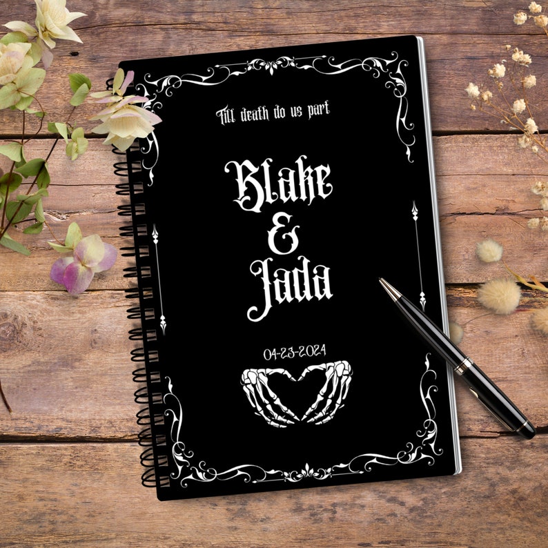 Custom Gothic Wedding Guest Book, Spiral Ruled Line Personalized Black