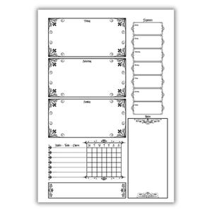 May include: A black and white planner page with decorative borders. It includes sections for Friday, Saturday, and Sunday, along with spaces for expenses, notes, habits, tasks, chores, and a calendar grid. The design is ornate and detailed.