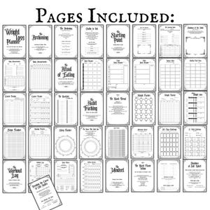 Op de afbeelding: Een verzameling zwart-wit afdrukbare plannerpagina's met verschillende titels, waaronder "Weight Loss Planner", "The Reckoning" en "Habit Tracking". De pagina's zijn gerangschikt in een raster, met decoratieve randen en handgeschreven lettertypen.