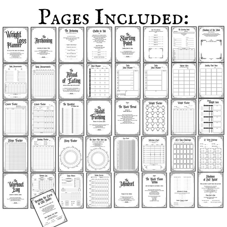 Op de afbeelding: Een verzameling zwart-wit afdrukbare plannerpagina's met verschillende titels, waaronder "Weight Loss Planner", "The Reckoning" en "Habit Tracking". De pagina's zijn gerangschikt in een raster, met decoratieve randen en handgeschreven lettertypen.