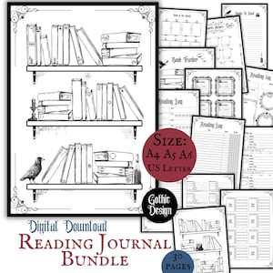 Diario de lectura gótico, paquete imprimible, descarga, rastreador de libros, lista de lectura, Goth Core, descarga, páginas del planificador gótico, reseña de libros, registro de estantería