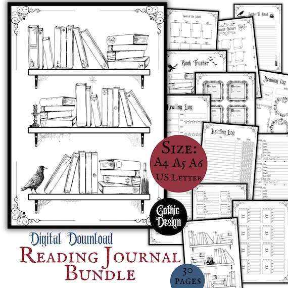Gothic Reading Journal Bundle Printable Download Book Tracker Reading List Goth Core Download Gothic Planner Pages Book Review Bookshelf Log