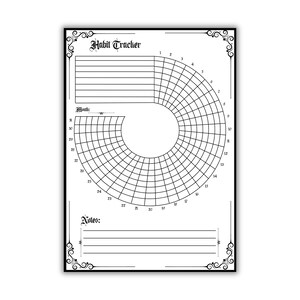 May include: A black and white printable habit tracker with a circular grid for tracking daily habits. The tracker has a section for notes and a space to write the month.