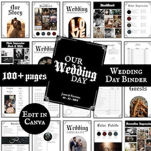 May include: A black and white wedding planner binder with the text "Our Wedding Day" and "100+ pages". The binder includes pages for wedding inspiration, information, checklists, and more. The cover features a gothic-inspired design with ornate lettering.