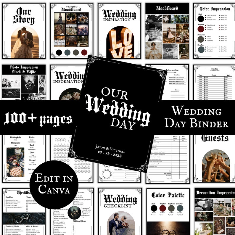 May include: A black and white wedding planner binder with the text "Our Wedding Day" and "100+ pages". The binder includes pages for wedding inspiration, information, checklists, and more. The cover features a gothic-inspired design with ornate lettering.