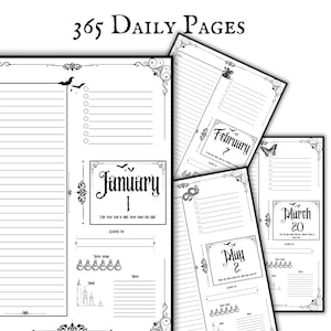 May include: Black and white daily planner pages with decorative borders and the text "365 Daily Pages." The pages include sections for notes, water intake, and gratitude. Months like January, February, March, and May are visible.