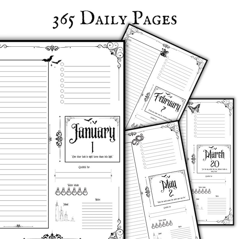 May include: Black and white daily planner pages with decorative borders and the text "365 Daily Pages." The pages include sections for notes, water intake, and gratitude. Months like January, February, March, and May are visible.