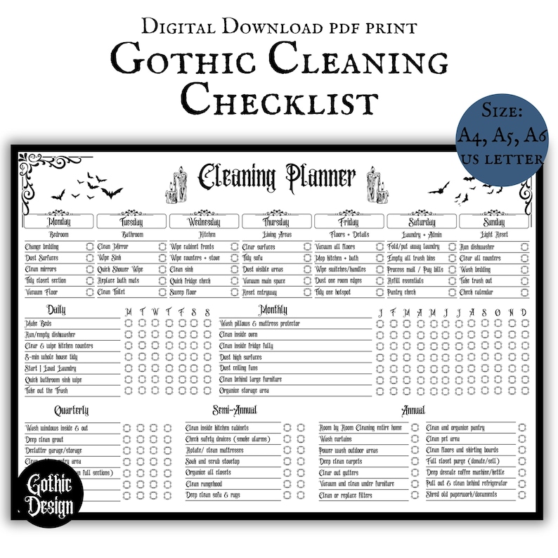 Gothic Cleaning Checklist Printable PDF Pages Daily Weekly Cleaning ...