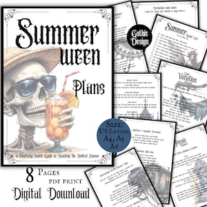 May include: A digital download of a gothic-themed planner titled "Summer Ween Plans." The cover shows a skeleton in sunglasses and a straw hat with a cocktail. Includes 8 pages, PDF print, and US Letter, A4, A5, A6 sizes.