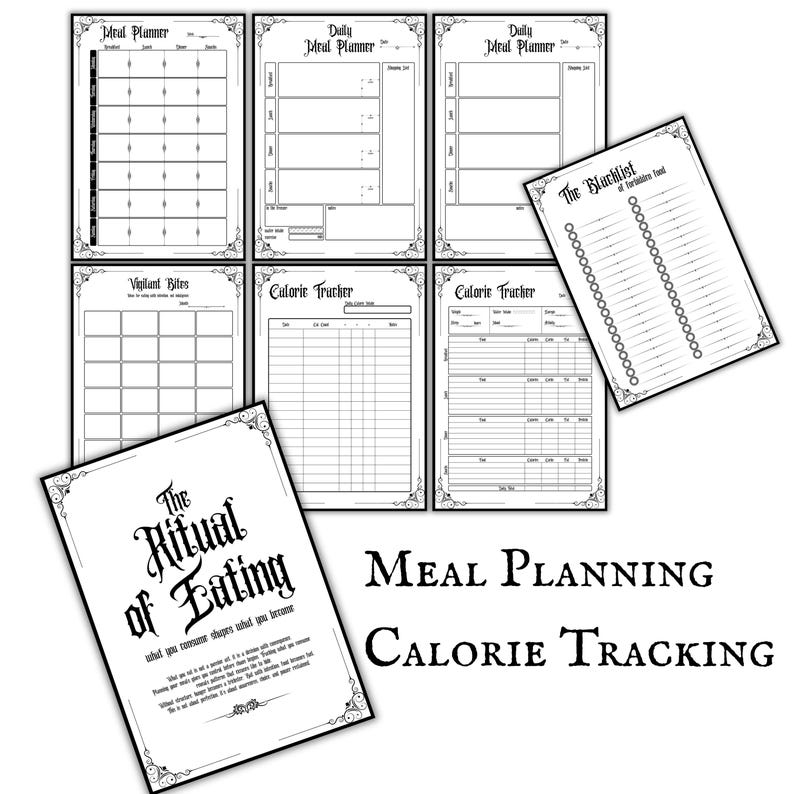Op de afbeelding: Zwart-wit printables voor maaltijdplanning en calorie-tracking. Inclusief dagelijkse en wekelijkse maaltijdplanners, calorie trackers en een voedselzwarte lijst. De tekst "The Ritual of Eating" is zichtbaar.