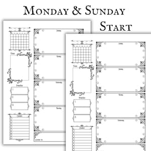 May include: Black and white planner pages with ornate borders. The pages include sections for daily planning, a calendar, priorities, and a checklist. The text "MONDAY & SUNDAY START" is at the top.
