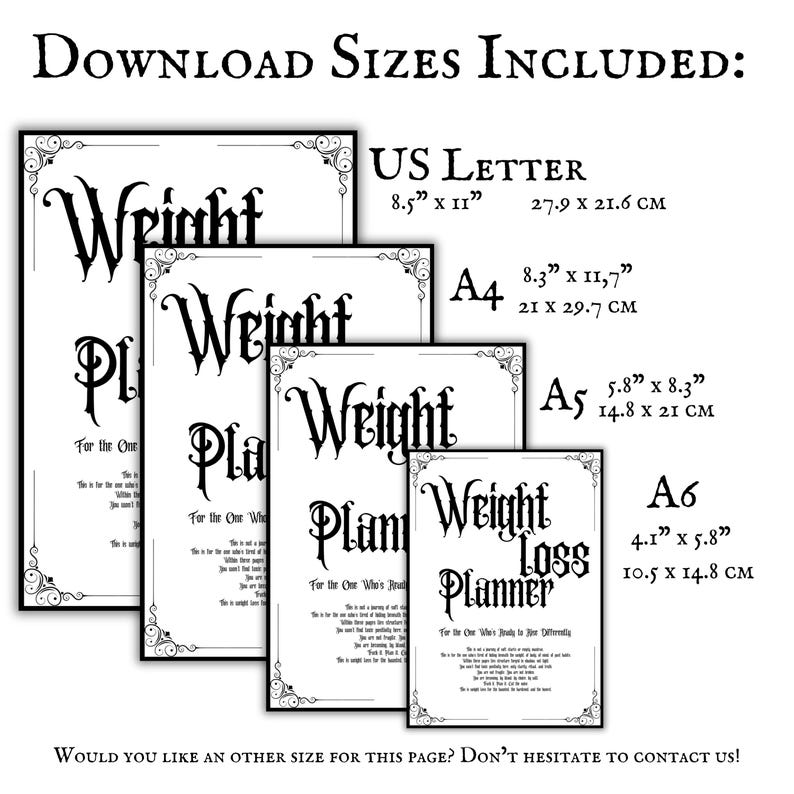Op de afbeelding: Een verzameling zwart-wit afdrukbare gewichtsverliesplanners in verschillende formaten, waaronder US Letter (27,9 x 21,6 cm), A4 (21 x 29,7 cm), A5 (14,8 x 21 cm) en A6 (10,5 x 14,8 cm). Elke planner heeft decoratieve randen en tekst.
