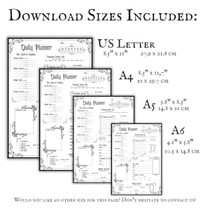 Op de afbeelding: Een stapel zwart-wit afdrukbare dagplannerpagina's in US Letter, A4, A5 en A6 formaten. De pagina's hebben decoratieve randen en secties voor planning en notities. De tekst "Daily Planner" is zichtbaar.