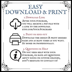 May include: A graphic with three steps for downloading and printing a digital design. The steps are: 1. Download Link, 2. Print or Send Out, and 3. Questions or Help. The graphic includes icons for a cloud download, a printer, and an information symbol.