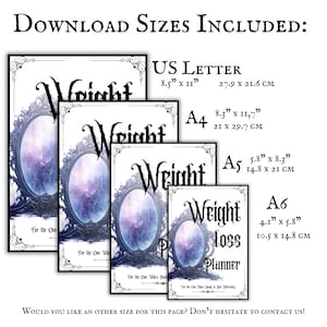 May include: A collection of printable weight loss planners in various sizes, including US Letter (8.5" x 11"), A4 (8.3" x 11.7"), A5 (5.8" x 8.3"), and A6 (4.1" x 5.8"). Each planner features a decorative mirror design and the text "Weight Loss Planner".