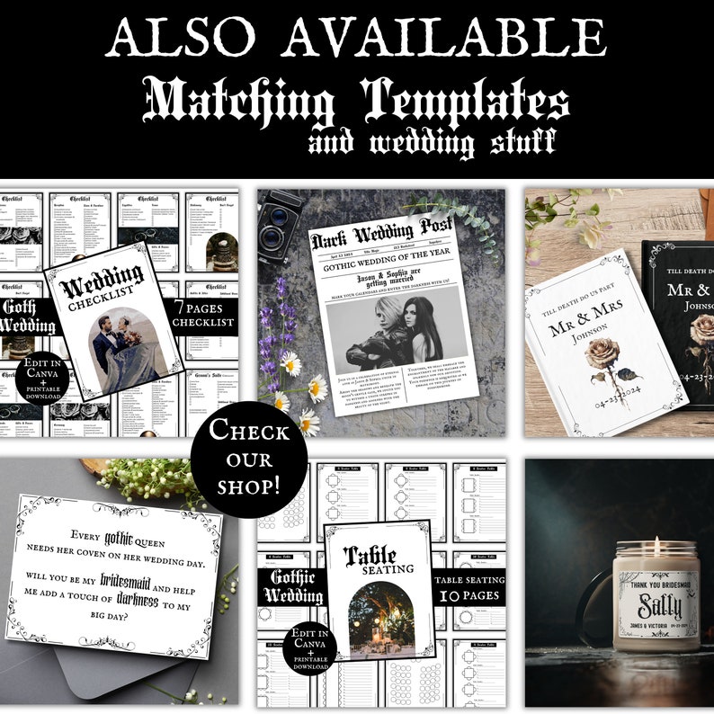 Peut inclure: Une collection de mod&egrave;les de mariage gothiques imprimables, comprenant une liste de contr&ocirc;le, un plan de table et une invitation. Les mod&egrave;les sont en noir et blanc avec des polices et des illustrations gothiques.