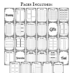 K&ouml;nnte beinhalten: Ein druckbarer Weihnachtsplaner mit 18 Seiten, darunter ein Zeitplan, eine Geschenkeliste, Geschenkideen, eine Geschenkpapierliste, Dekorationsideen, Essensideen und Weihnachtsnotizen. Die Seiten sind mit einem schwarzen und wei&szlig;en verzierten Rand verziert.