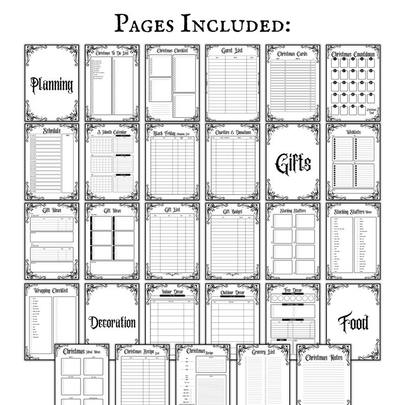 K&ouml;nnte beinhalten: Ein druckbarer Weihnachtsplaner mit 18 Seiten, darunter ein Zeitplan, eine Geschenkeliste, Geschenkideen, eine Geschenkpapierliste, Dekorationsideen, Essensideen und Weihnachtsnotizen. Die Seiten sind mit einem schwarzen und wei&szlig;en verzierten Rand verziert.