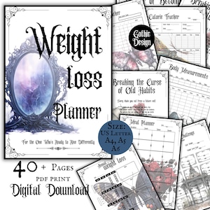 May include: A digital weight loss planner with a gothic design. The cover features a mirror with a purple and blue reflection. Includes 40+ pages, with sections for meal planning, body measurements, and calorie tracking. Available in US Letter, A4, A5, and A6 sizes.