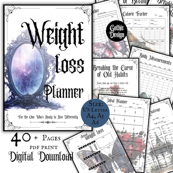 Gothic Weight Loss Planner Fitness Journal Meal Planner Minimalistic Weight Loss Tracker Workout Planner Printable Download Pages Gothic