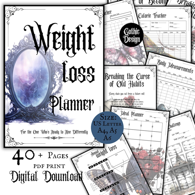 May include: A digital weight loss planner with a gothic design. The cover features a mirror with a purple and blue reflection. Includes 40+ pages, with sections for meal planning, body measurements, and calorie tracking. Available in US Letter, A4, A5, and A6 sizes.