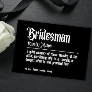 Aangepaste bruidsman voorstelkaart zwarte gotische bruiloft Be My Best Man voorstelkaart grappige donkere bruiloft gepersonaliseerde kaart afdrukbare pdf-download