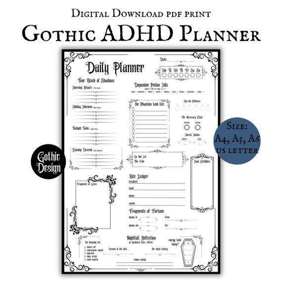Gothic ADHD Daily Planner Printable Download Organized Planner Gothic Design ADHD Journal Daily Tracker Goth Core Aesthetic Planner Page
