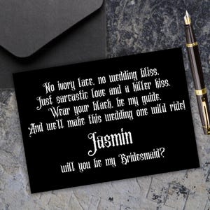 Cartão de proposta de madrinha gótica personalizada, casamento gótico preto, seja minha madrinha, cartão engraçado, casamento escuro, poema gótico pessoal para impressão, download