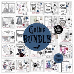 May include: A collection of printable planner pages with a gothic theme. The bundle includes various planners such as monthly, weekly, and study planners, along with trackers and journals. The design features dark imagery, skulls, and butterflies.