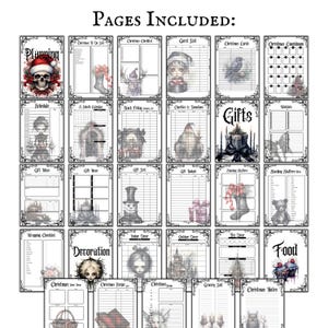May include: A printable Christmas planner with 18 pages featuring a gothic aesthetic. The pages include a schedule, gift list, gift ideas, gift budget, wrapping checklist, decoration, food, and more.