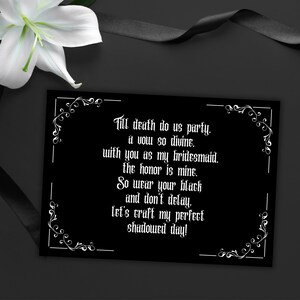 Cartão de proposta de madrinha gótica, cartão de casamento gótico preto, seja minha madrinha, cartão engraçado de casamento escuro, cartão de poema gótico pessoal para impressão em PDF para download