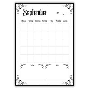 May include: A monochrome September calendar with ornate borders. The calendar features spaces for each day, a to-do section, and a notes area. The month's name, "September", is displayed in a decorative font.