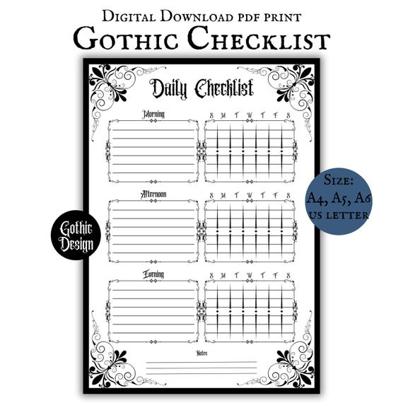 Gothic Daily Checklist Printable Download Organized Planner Gothic Design ADHD Journal Daily Tracker Goth Core Aesthetic Planner Page