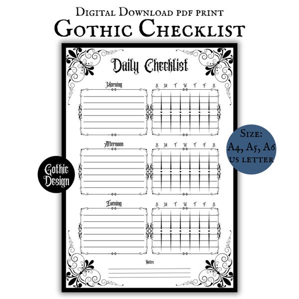 Gothic tägliche Checkliste druckbarer Download organisierter Planer Gothic Design ADHD Journal tägliche Tracker Goth Kern ästhetische Planer-Seite