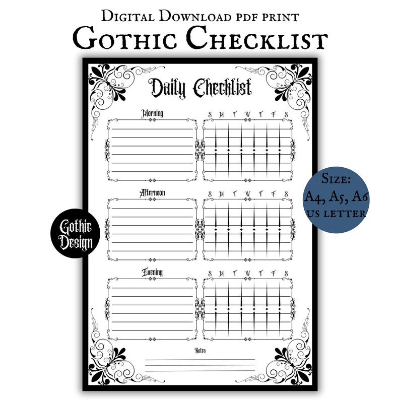 Gotisk daglig checklista Utskrivbar nedladdning Organiserad planerare Gotisk design ADHD-dagbok Daglig spårare Goth Core Estetisk planeraresida bild 1