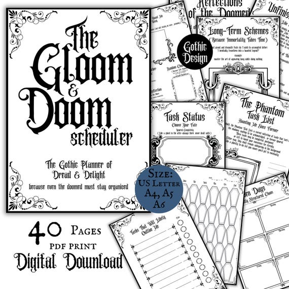 Gothic Planner Pages Printable Pdf Download Goth Core Funny Mentalhealth Downloadable Planner Chaos Organizer Monthly Weekly Daily Planning