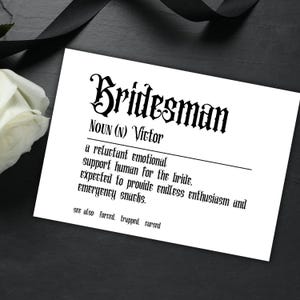 Aangepaste bruidsman voorstelkaart zwarte gotische bruiloft Be My Best Man voorstelkaart grappige donkere bruiloft gepersonaliseerde kaart afdrukbare pdf-download