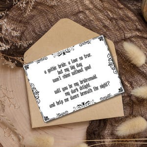 Cartão de proposta de madrinha gótica, cartão de casamento gótico preto, seja minha madrinha, cartão engraçado de casamento escuro, cartão de poema gótico pessoal para impressão em PDF para download