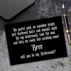 Cartão de proposta de madrinha gótica personalizada, casamento gótico preto, seja minha madrinha, cartão engraçado, casamento escuro, poema gótico pessoal para impressão, download