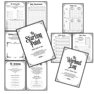Op de afbeelding: Een verzameling zwart-wit fitness journaalpagina's. De centrale pagina leest "The Starting Point" met decoratieve randen. Andere pagina's bevatten sjablonen voor "Body Measurements", "Workout Log" en "Weekly Exercise".