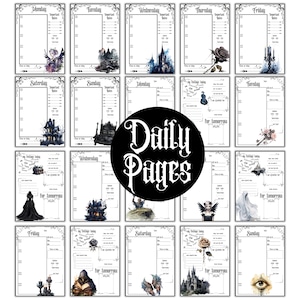 May include: A set of 18 printable daily planner pages with a gothic theme. Each page features a different illustration, including a haunted house, a castle, a rose, a skull, and an eye. The pages are designed for use with a planner or journal.
