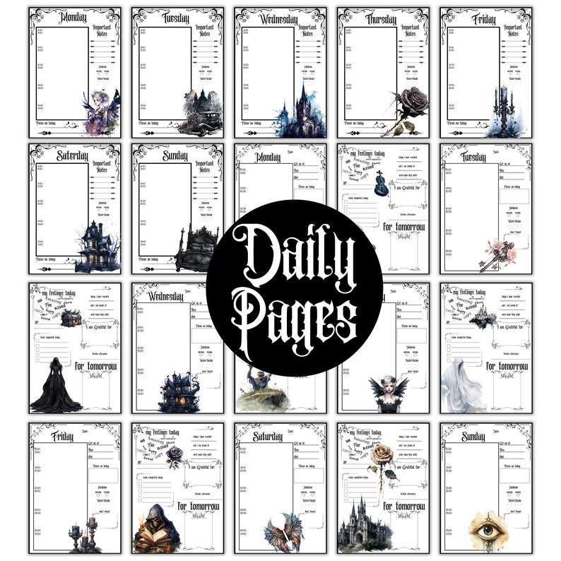 May include: A set of 18 printable daily planner pages with a gothic theme. Each page features a different illustration, including a haunted house, a castle, a rose, a skull, and an eye. The pages are designed for use with a planner or journal.