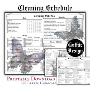 Gothic-schoonmaakschema Afdrukbare pdf-pagina's Dagelijks Wekelijks Jaarlijks Schoonmaakorganizer Vintage Heidens schema ADHD-schoonmaakagenda downloaden