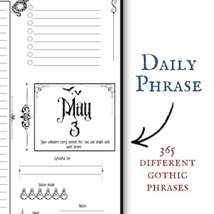 May include: A gothic-themed daily planner page. It features a section for the date, May 3, and a quote. The text "Daily Phrase" and "365 Different Gothic Phrases" are also visible on the page.
