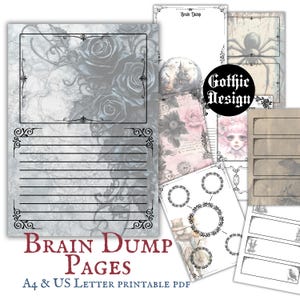 Può includere: Pagine di scarico del cervello stampabili in stile gotico con illustrazioni in bianco e nero di rose, un ragno, una ragazza e un orologio. Il testo "Brain Dump Pages" è in grandi caratteri grassetto nella parte inferiore dell'immagine. Il testo "A4 & US Letter Printable PDF" è sotto il titolo.