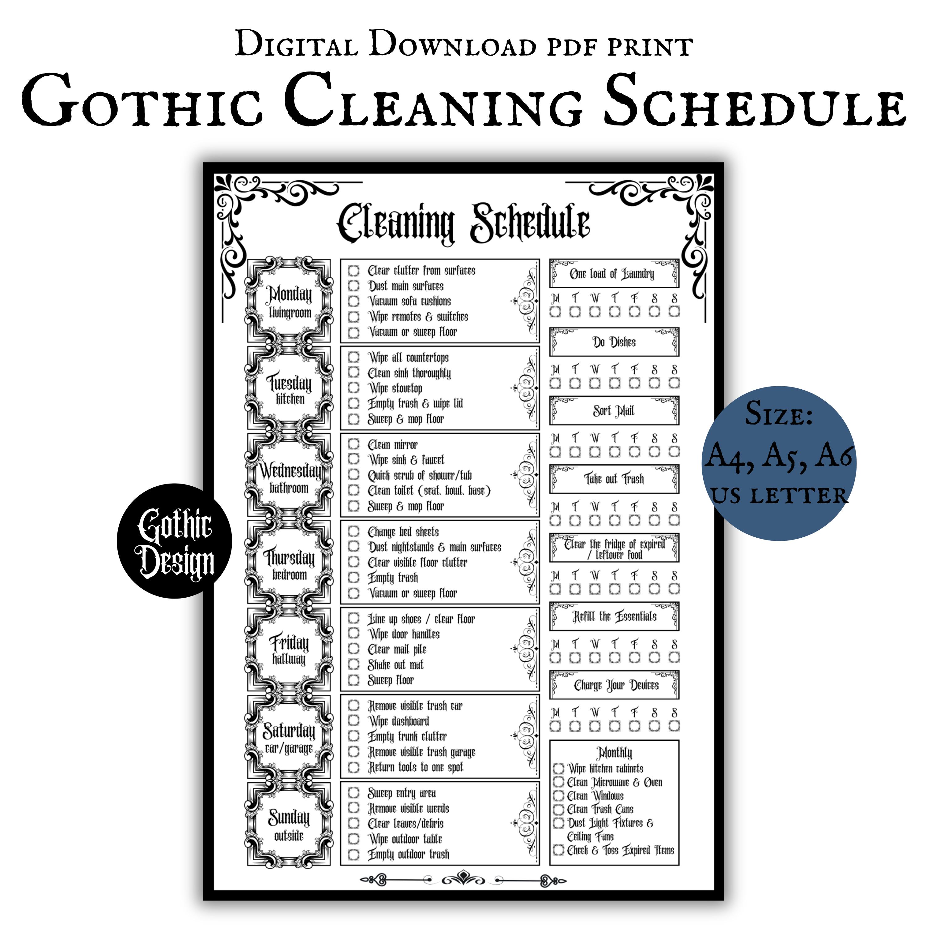Gothic Cleaning Schedule Printable PDF Pages Daily Weekly Cleaning ...