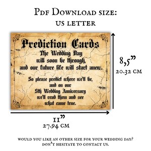 Peut inclure: Cartes de pr&eacute;dictions imprimables pour un mariage. Les cartes sont con&ccedil;ues pour ressembler &agrave; du vieux papier parchemin avec un aspect vieilli et d&eacute;t&eacute;rior&eacute;. Le texte sur les cartes indique "Cartes de pr&eacute;dictions" et "Le jour du mariage sera bient&ocirc;t termin&eacute;, et notre vie future commencera. Alors, pr&eacute;disez o&ugrave; nous serons, et &agrave; notre 5e anniversaire de mariage, nous les lirons et verrons ce qui s'est r&eacute;alis&eacute;."